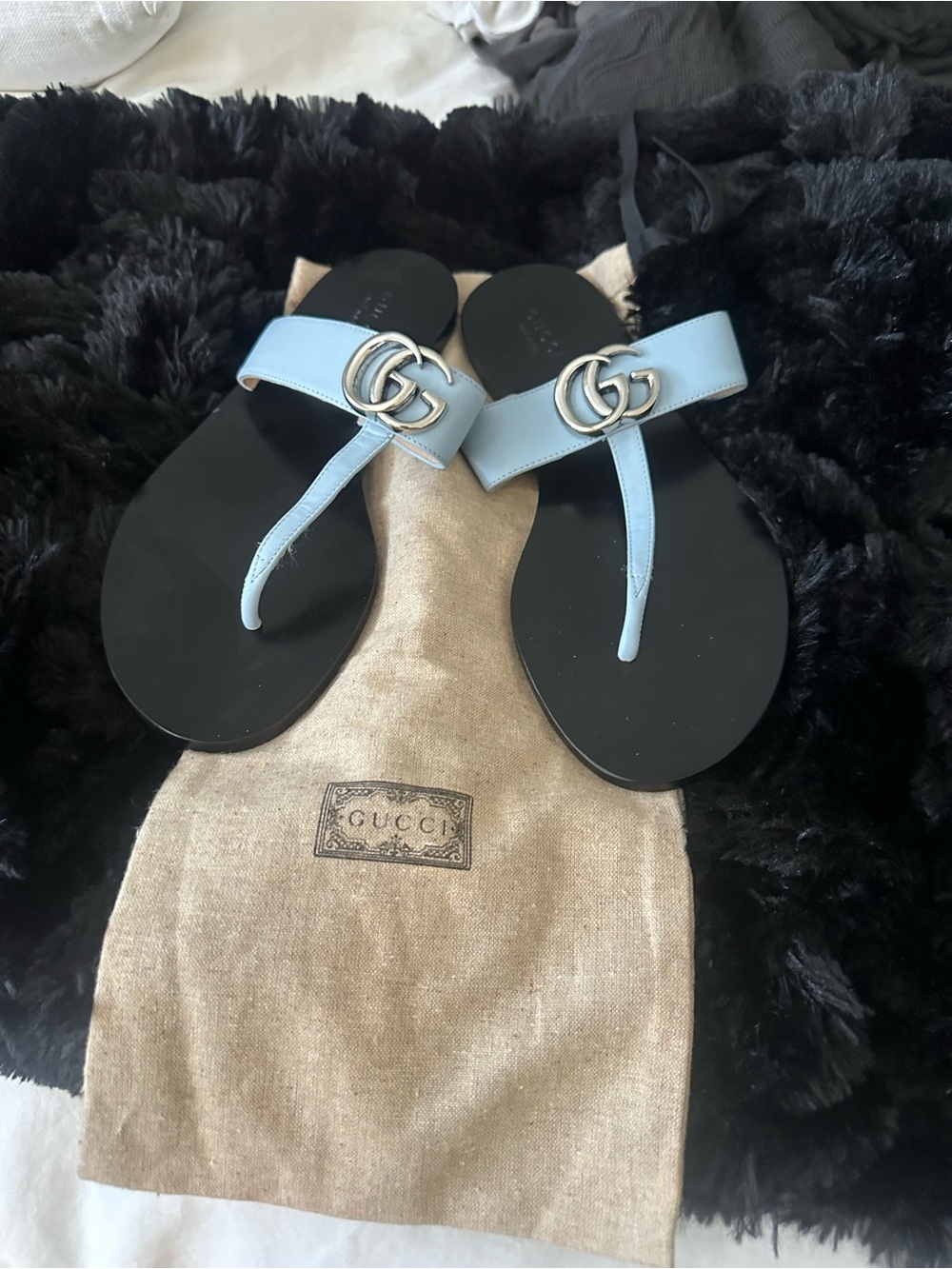 Gucci Light Blue Leather GG Logo Thong Sandals with Black Footbed